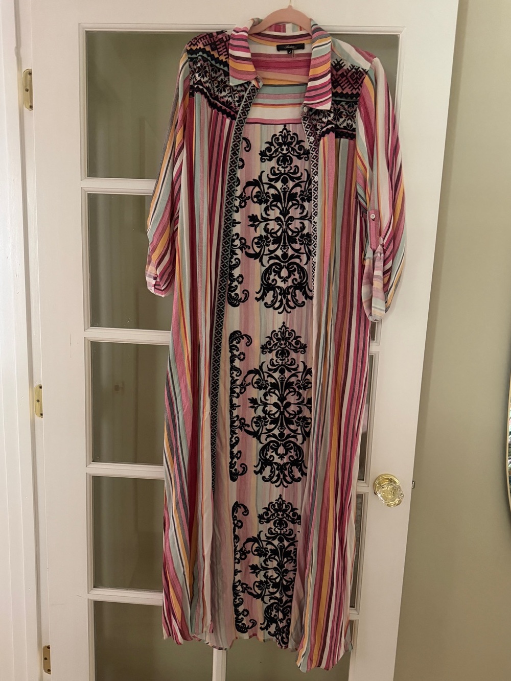 Andree by Unit Striped Pink Multi-Color Maxi Dress with Black Damask Panel